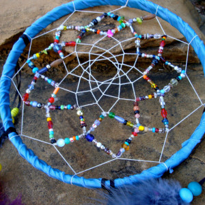 Beaded Dream Catcher,  Large 9 inch, Bright Feathered, Multicolored, Home Decor Inside or Outside, Southwestern