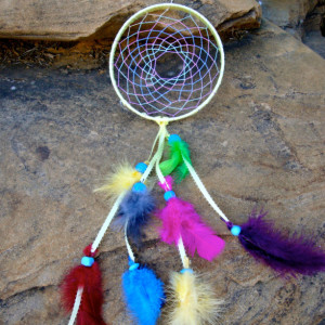 Small Dream Catcher Handmade, Bright Multicolored Dreamcatcher Feathered, 6 inch, Native American Indian Home Decor, Sun catcher