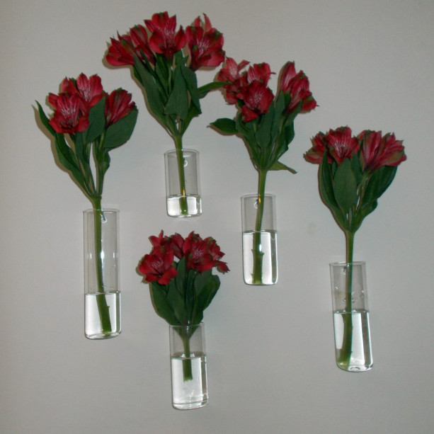 Set of Five Assorted Sizes Hand Blown Glass Wall Vases, Just Add Your Flowers and They're Ready to Hang
