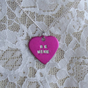 Be Mine Candy Heart Necklace - Valentine's Day, Conversation Heart, hand stamped, handstamped