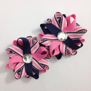Navy Blue, Hot Pink Stripe Small Hair Bow Set - Handmade Small Hair Bow Set - Pink & Blue Hair Bow Set - 2.5 inch Hair Bow Set