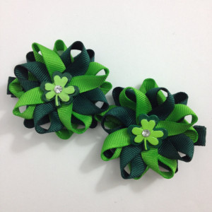 Green Shamrock, Clover St. Patrick's Day 2.5" Hair Bow Set - Handmade - No Slip Clip or Barrette