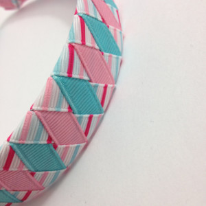 Pink, Blue Stripes Woven Headband - Handmade - Pink, Light Blue Stripe Grosgrain Ribbon Woven Braided Headband - 1 inch Braided Headband