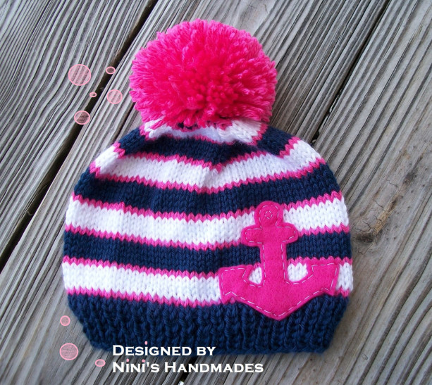 Knit Girls Nautical Beanie with Fuchsia  ANCHOR,  Made in the USA,  kids Beanie,  kids  hats, girl hats, navy and  White Hat, dark Pink  hat