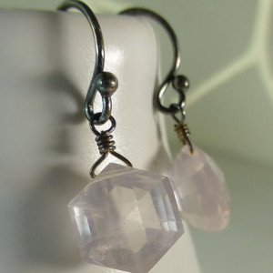 Rose Quartz  Sterling Silver Earrings,oxidized, fancy octagon faceted,dangle earrings,pink earrings, fancy cut, silver earrings,earrings