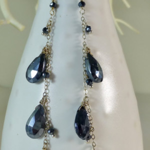 Black Mystic Coated Faceted Spinels Long Dangle Sterling Silver Earrings,long black earrings,black spinel earrings,teardrop earrings