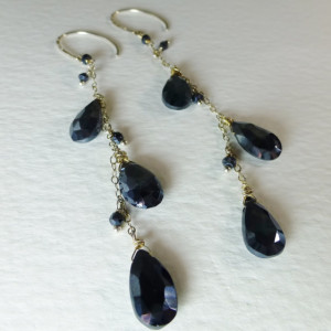 Black Mystic Coated Faceted Spinels Long Dangle Sterling Silver Earrings,long black earrings,black spinel earrings,teardrop earrings