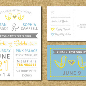 Same Sex Wedding Invitation and RSVP Postcard- Custom Design- Printable or Printed- Chicks, Heart, Blue, Yellow & Gray