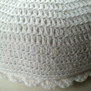 Round crochet pillow, textured and smooth sides, 16" round, white and blue, baby nursery pillow