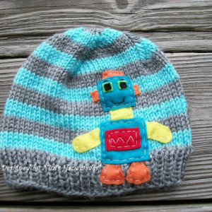 Knit Baby Hat with  BOY  ROBOT Design,  Childrens and Baby Hat, Beanie, Photoprop, Robot,  toddler hat, childrens clothing