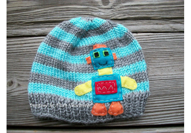 Knit Baby Hat with  BOY  ROBOT Design,  Childrens and Baby Hat, Beanie, Photoprop, Robot,  toddler hat, childrens clothing