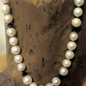 Premium Handknotted Big White Pearl and Black Crystal Necklace- Classic Audrey Hepburn Inspired