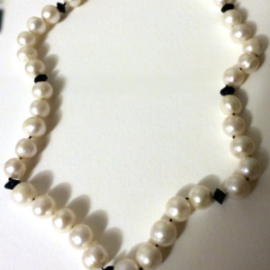 Premium Handknotted Big White Pearl and Black Crystal Necklace- Classic Audrey Hepburn Inspired