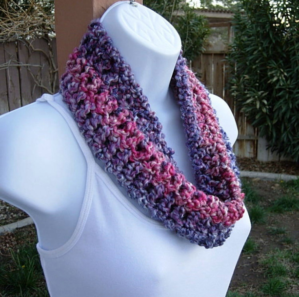 SUMMER COWL SCARF Bright Pink, Purple, Violet, Small Short Infinity Loop, Crochet Knit Lightweight Neck Warmer..Ready to Ship in 2 Days