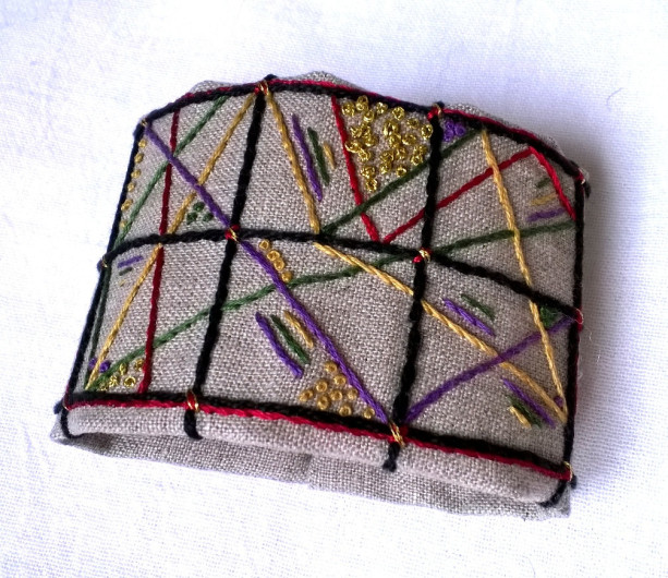 Hand Embroidered Cuff in Jewel tones with Black and Gold accents, Artistic Geometric Design
