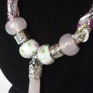 Genuine rose quartz pendant, gemstone jewelry, knitted necklace, fashion jewelry, New Age jewelry