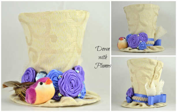 Handmade Tiny Top Hat- Free shipping- Gold, purple and blue mini top hat- Rosette hat with mushroom bird