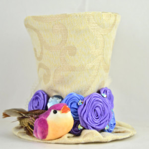 Handmade Tiny Top Hat- Free shipping- Gold, purple and blue mini top hat- Rosette hat with mushroom bird