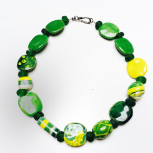 African bead necklace, colorful jewelry, African clay beads, green and yellow, chunky necklace, recycled glass