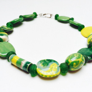 African bead necklace, colorful jewelry, African clay beads, green and yellow, chunky necklace, recycled glass