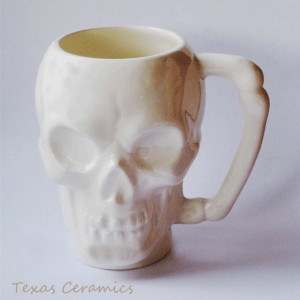 Skull Mug in White with Bone Style Handle Ceramic Pottery