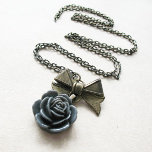 Long Gray Flower Necklace Rose Pendant Necklace Vintage Inspired Jewelry For Women
