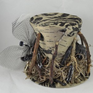 One of a Kind Tiny Top Hat- Dark Mystical Fairy Hat- Handmade hat, rosettes and fairies on pins, headband or comb