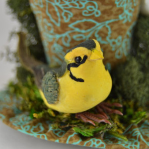 Handmade Tiny Top Hat- Garden themed mini top hat- Tiny top hat with mushroom bird- FREE SHIPPING