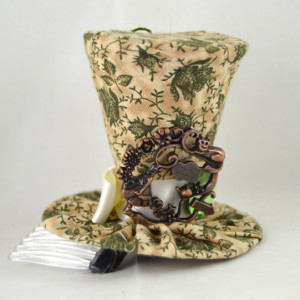 Tiny Top Hat- Tan mini top hat with green floral print- Alice in Wonderland themed hat- FREE SHIPPING- Handmade tiny top hat