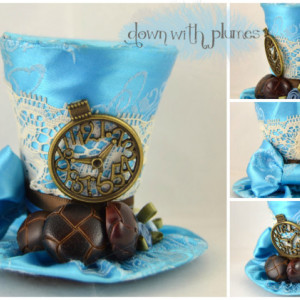 Tiny Top Hat- FREE SHIPPING-Mini top hat- Light blue tiny top hat- Tiny top hat with clock- Chocolate brown accents and vintage lace