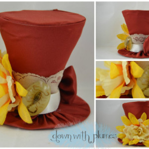 Handmade Tiny Top Hat- Mini Top Hat- Dark orange tiny top hat with flower and scorpion- FREE SHIPPING