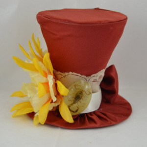 Handmade Tiny Top Hat- Mini Top Hat- Dark orange tiny top hat with flower and scorpion- FREE SHIPPING