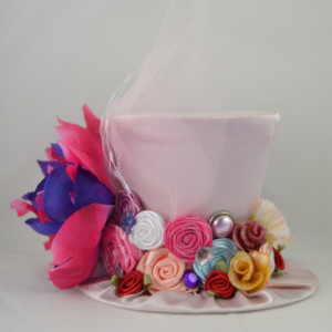Handmade Tiny Top Hat- Light pink satiny tiny top hat- Garden mini top hat- Tiny top hat with flowers- FREE SHIPPING