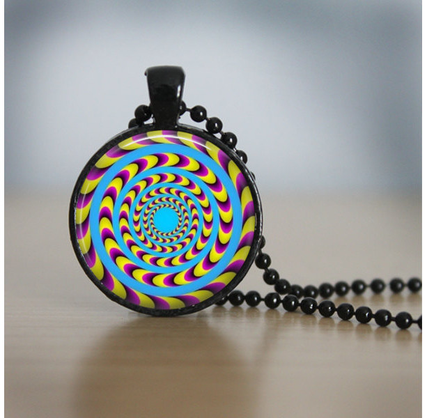 Optical Illusion - Glass Dome Pendant - Colorful Charm - 24 inch Necklace - Groovy Jewelry