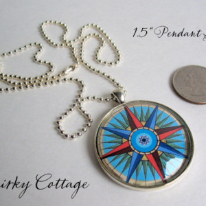 Compass Necklace - Glass Dome Pendant - 24 inch Necklace - Compass Star - Colorful Jewelry - Large Round Pendant