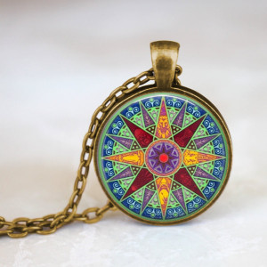 Compass Necklace - Glass Dome Pendant - 24 inch Necklace - Compass Star - Colorful Jewelry - Large Round Pendant