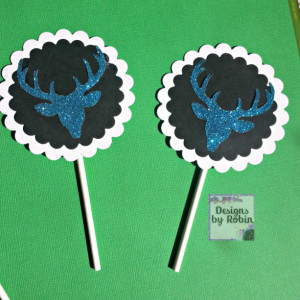 12  cupcake blue glitter deer head  cupcake toppers, black on white., glitter blue deer, boy or girl birthday party