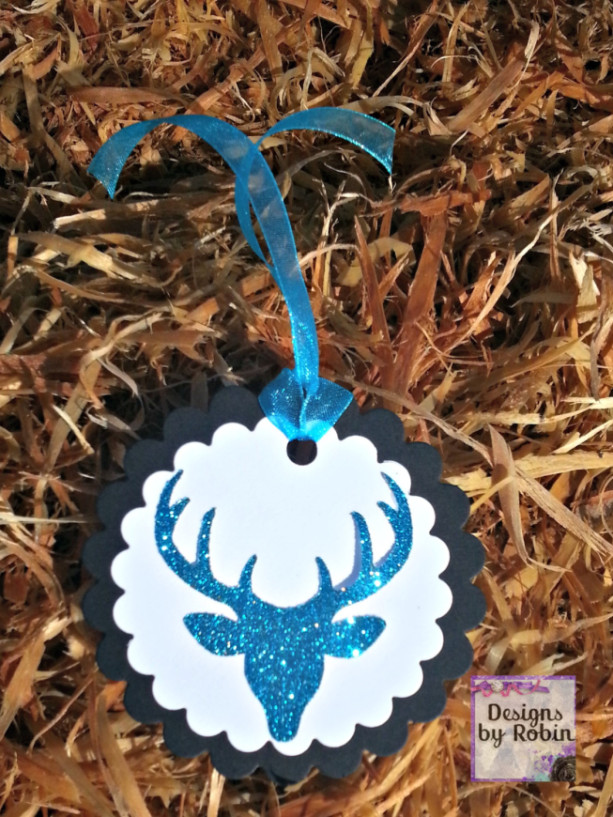 12 blue glitter deer tags, white on black party thank you tags