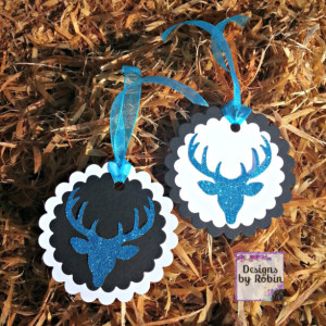 12 blue glitter deer tags, white on black party thank you tags