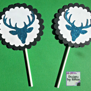 12  cupcake blue glitter deer head  cupcake toppers, white on black, glitter blue deer, boy or girl birthday party