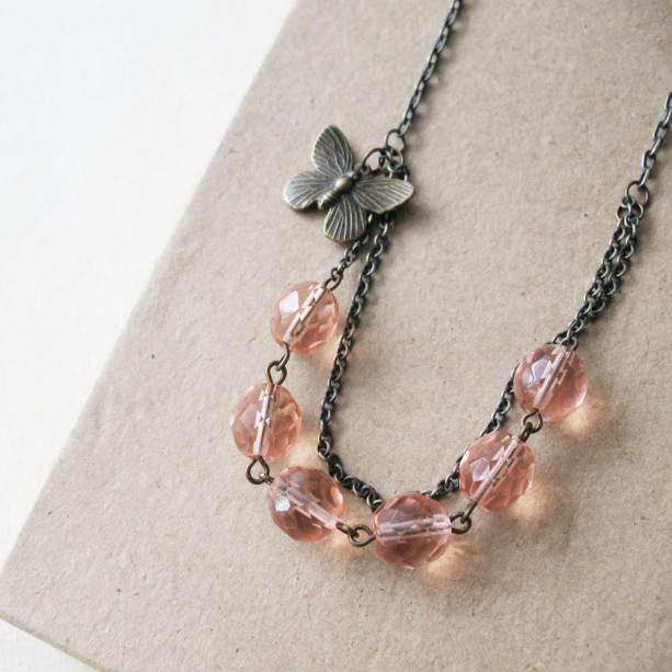 Peach Butterfly Beaded Necklace. Spring Jewelry.