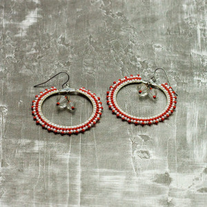 Beaded Hoop Earrings // Red and White // Seed Beads // Beadwork // Glass Crystals