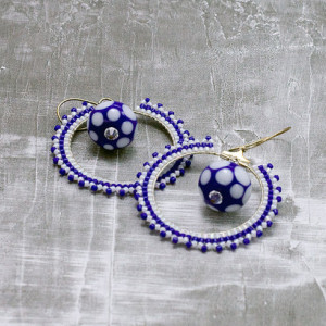 Beaded Hoop Earrings // Blue and White // Lampwork Bead