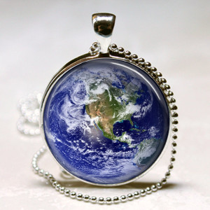 Earth Pendant - 24 inch Necklace - Earth Necklace - Glass Dome Pendant - Round Pendant Ball Chain