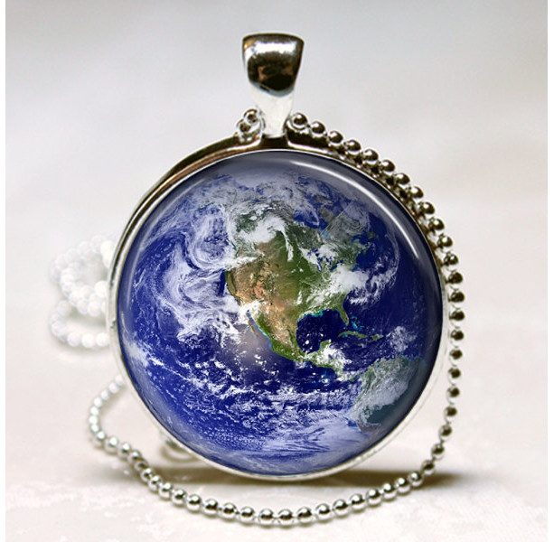 Earth Pendant - 24 inch Necklace - Earth Necklace - Glass Dome Pendant - Round Pendant Ball Chain