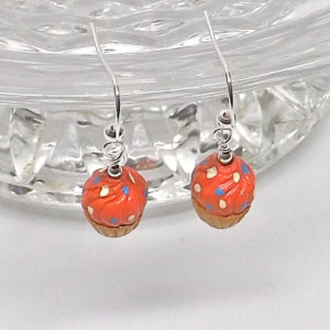 Ceramic  orange with dots frosting cupcakes from Peru pierced dangle hand made earrings