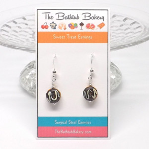 Ceramic chocolate frosted donuts  with vanilla drizzle pierced dangle hand made earrings