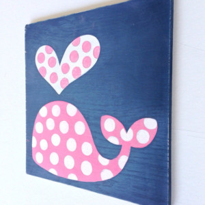 Nautical Nursery Art - Whale Decor - Kid's Bathroom Art - Girl Baby Shower Gift - Distressed Wood Wall Art - Pink and Navy Blue Nursery Art