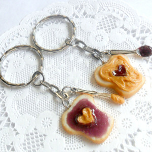 Peanut Butter and Jelly Heart Keychain Set, Grape, With Knife & Spoon, Best Friend's Keychains, Cute :D