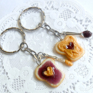 Peanut Butter and Jelly Heart Keychain Set, Grape, With Knife & Spoon, Best Friend's Keychains, Cute :D